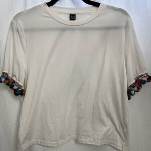 SHEIN White Tee with Colorful Pom-Pom Sleeves